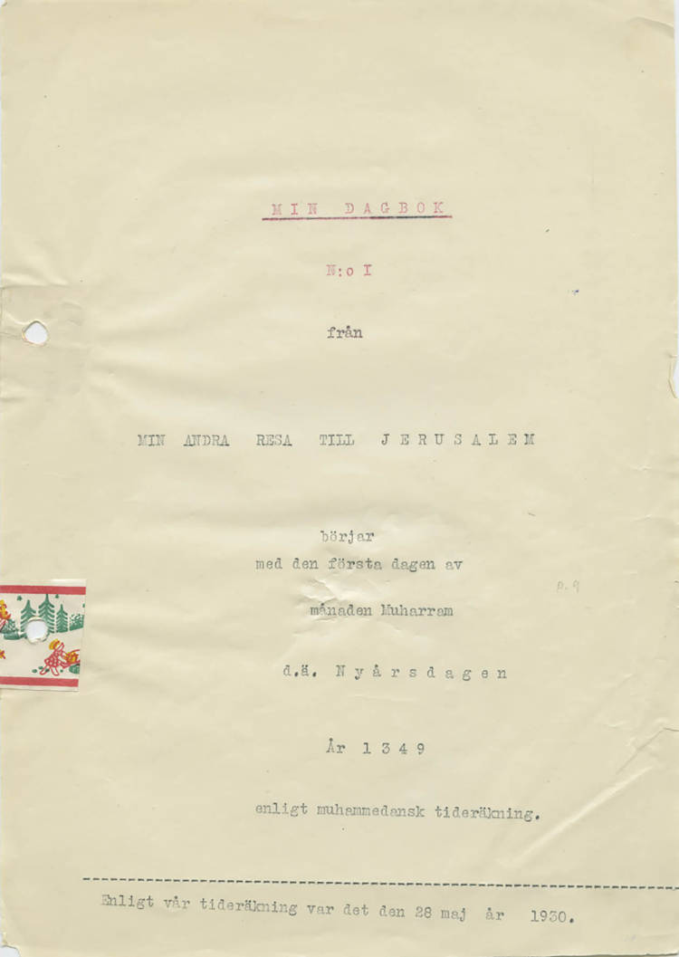 Typewritten title page of one of Granqvist’s Palestine journals.