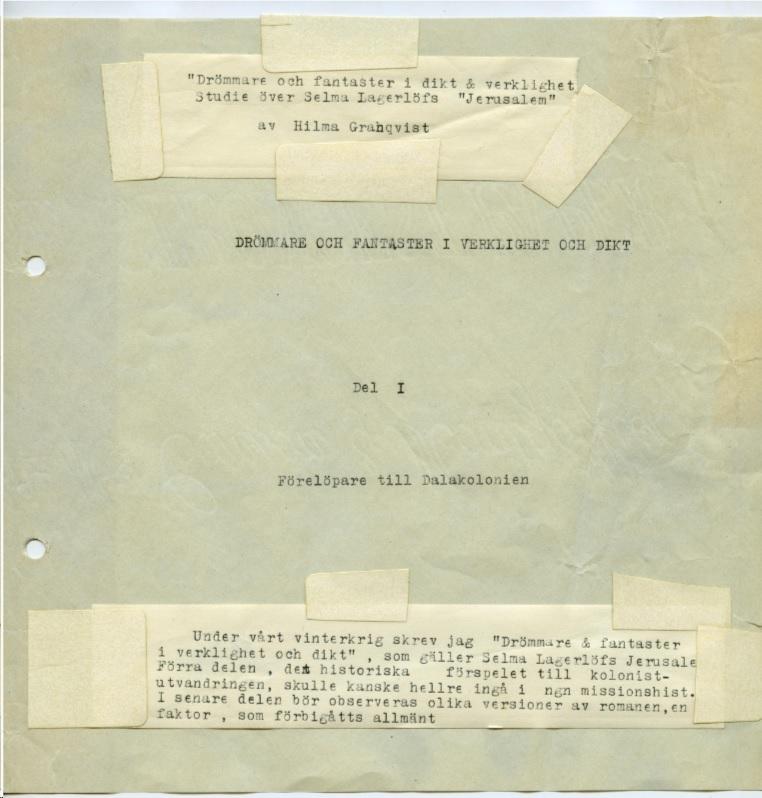 Typewritten title page of one of Granqvist’s unpublished manuscripts.